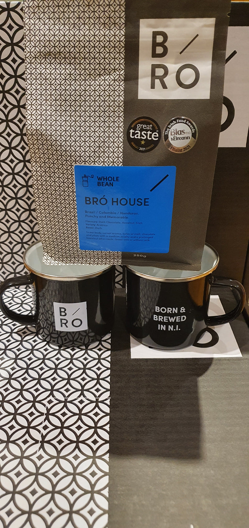 2 High Quality Enamel Bró Mugs and 1 Bag of Double Award Winning Coffee